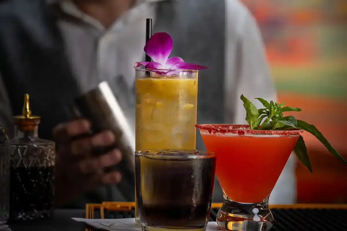 Three Tipsy Tiger cocktails on the bar with the bartender in the background